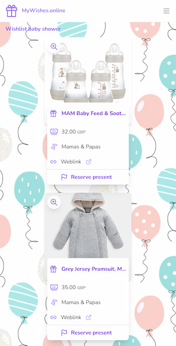 Wishlist using a theme appropriate for a baby shower